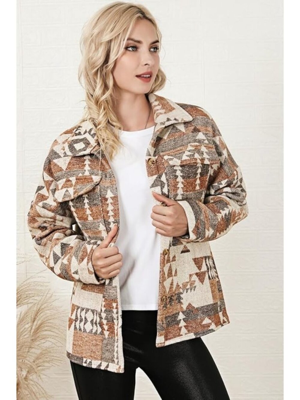Aztec Button-Up Jacket Womens Size Medium Dropped Shoulder Collared Boho Shacket - Picture 7 of 8